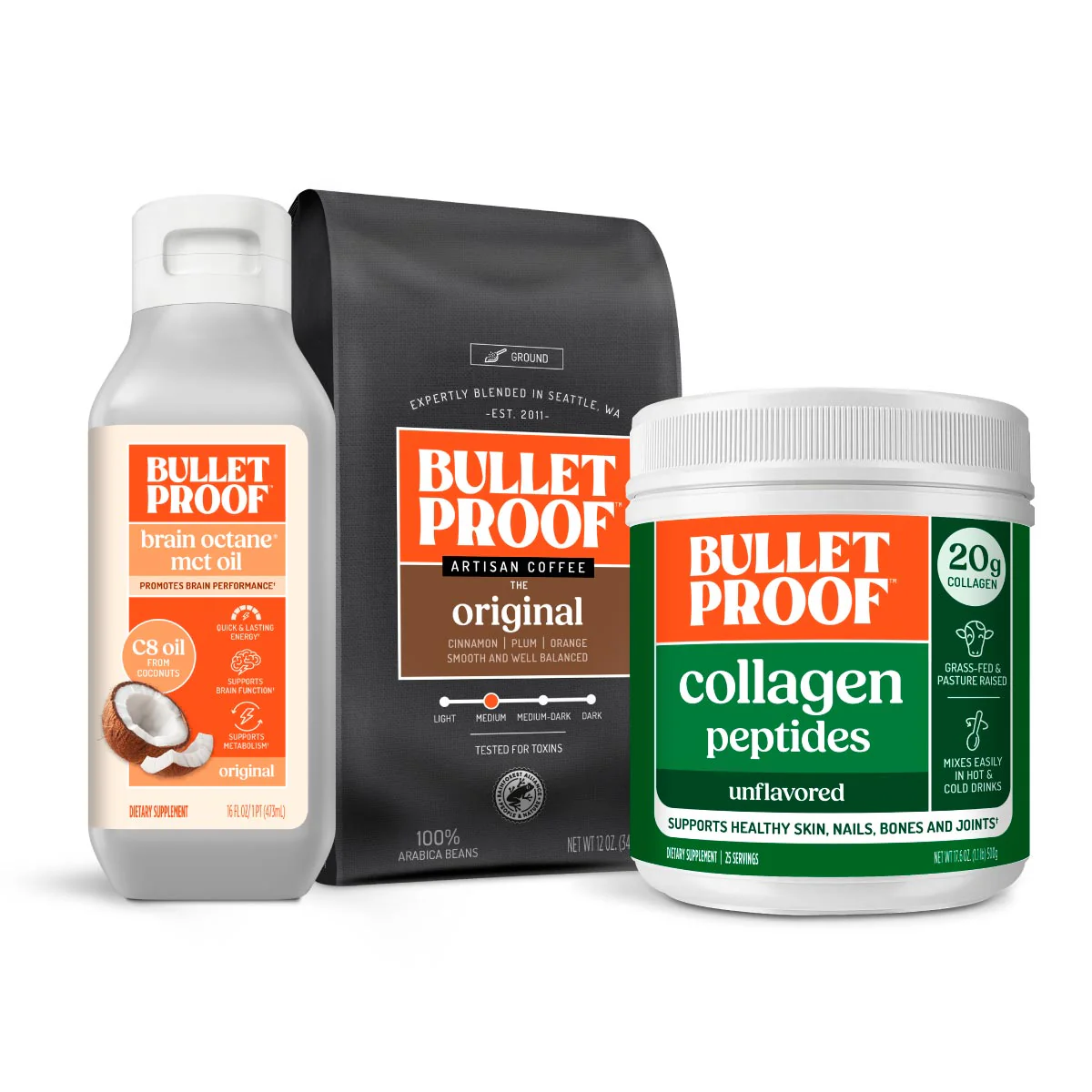 Ground Coffee, Brain Octane C8 MCT Oil and Collagen Peptides